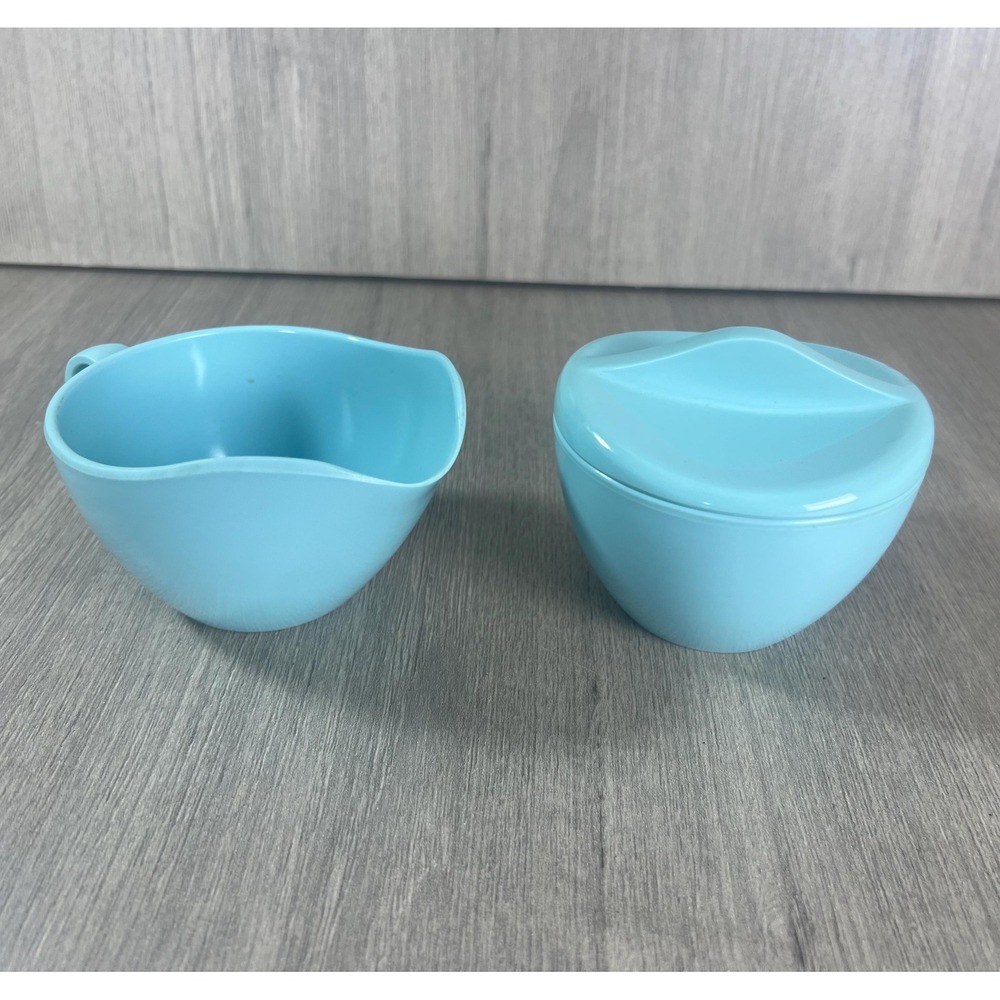 Vtg MCM Windsor Melmac Melamine Cream and Sugar Turquoise Blue Set w/ top